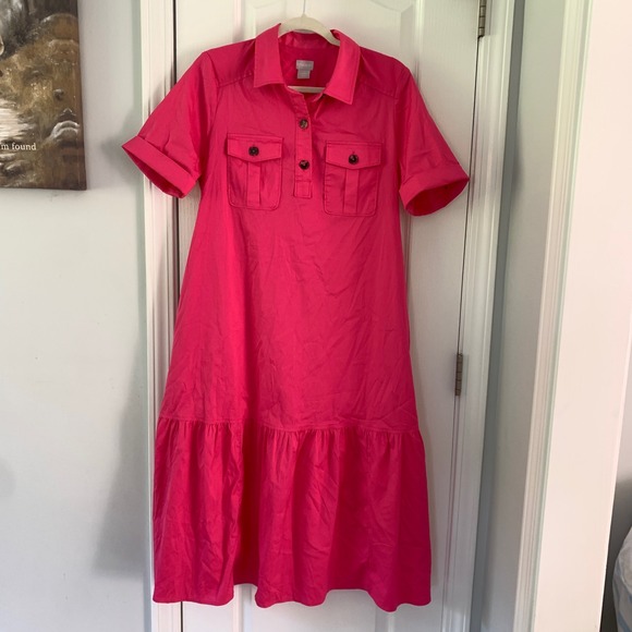 Chico's Dresses & Skirts - Chico's Pink Cotton Blend Tiered Midi Shirtdress Short Sleeve Size 1 M 8/10